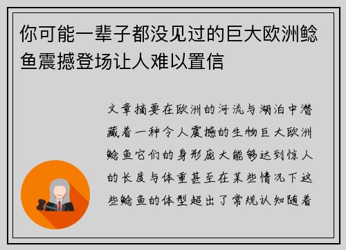 你可能一辈子都没见过的巨大欧洲鲶鱼震撼登场让人难以置信