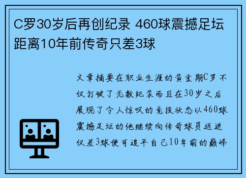 C罗30岁后再创纪录 460球震撼足坛 距离10年前传奇只差3球